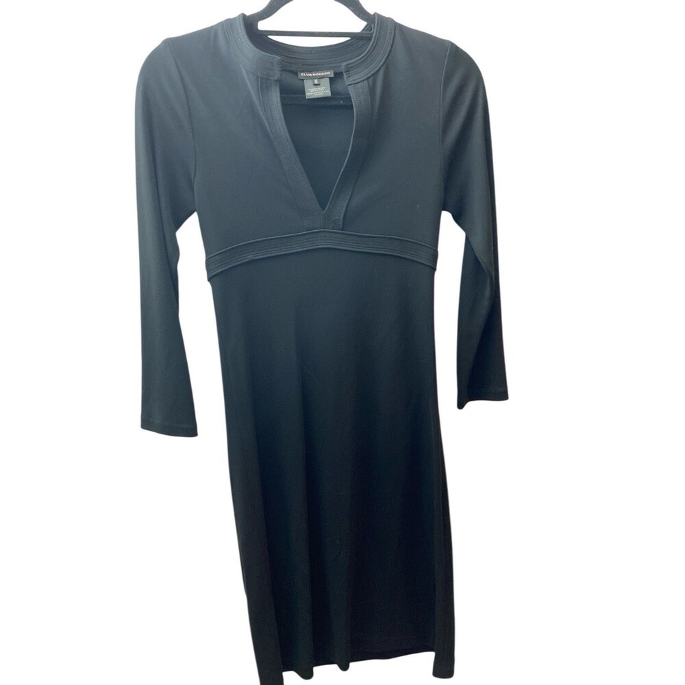 Club Mónaco Black Dress XS Petite V-Neck Long Sleeve Minimalist Stretchy Midi